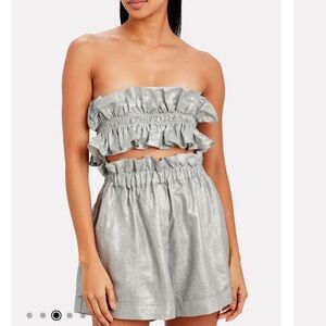 New White Story Operato Metallic Silver Linen Bow Tie Bandeau Bustier 6 us  Crop